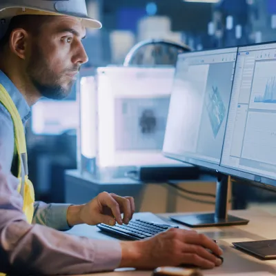 Construction worker with hard hat using multiple computer monitors in a dark room.