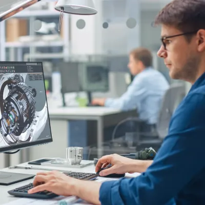 Person working on a computer with engine design or mechanical diagram on screen in an industrial setting.