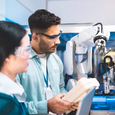 Two researchers examining a robotic arm in a laboratory setting.