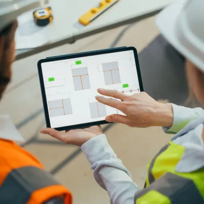 Two construction workers in safety helmets reviewing plans on a tablet at a worksite.