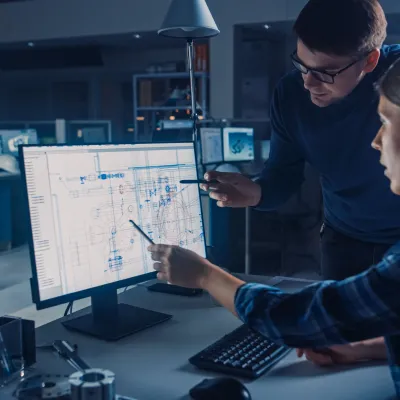 Two professionals analyzing data on computer screens in a dimly lit technical environment.