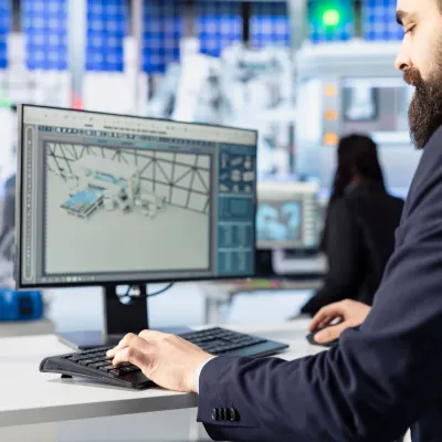 Professional in suit working at computer with financial data on screen in technical environment.