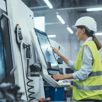 Factory worker in hard hat and safety vest operating industrial machinery in a manufacturing facility.