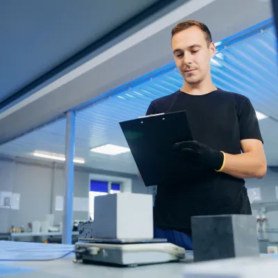 Person in black shirt working at a modern service counter with a digital device.