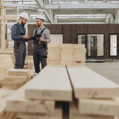 Two people examining lumber in a woodworking workshop or construction site.