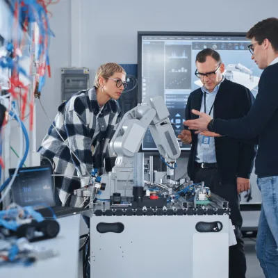 Three people examining robotic equipment in a bright laboratory setting.