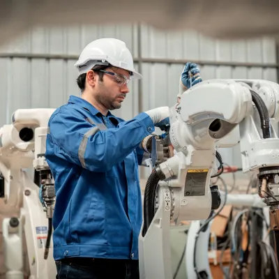 Person in blue jacket observing dairy cows in a farming facility.