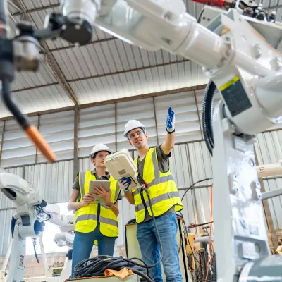 Factory workers in yellow safety vests and hardhats examining industrial robotic equipment in a warehouse.