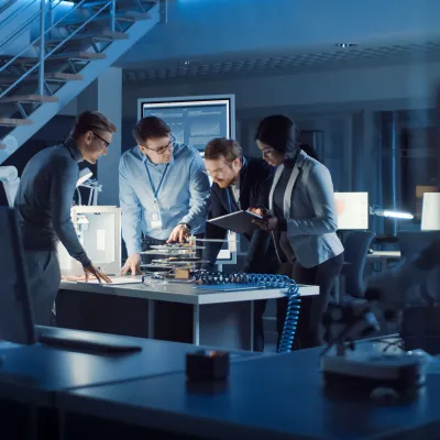 A team of professionals collaborating around digital screens in a dark office environment.