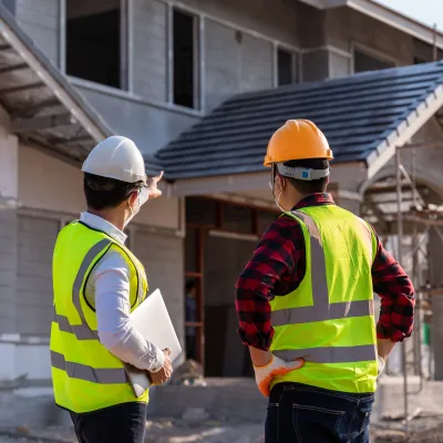Two construction workers in hard hats and safety vests observing a residential building under construction.