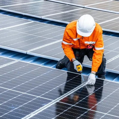 Technician in orange safety gear installing solar panels on rooftop.