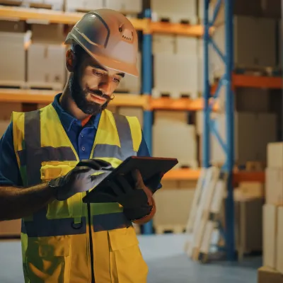 Warehouse worker in yellow safety vest using digital tablet among shelving units.
