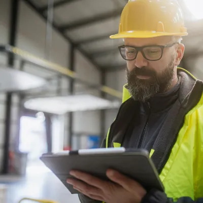 Construction worker in yellow hardhat and safety vest reviewing information on a tablet.