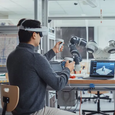 Person wearing VR headset interacting with robotic arm in a laboratory setting.