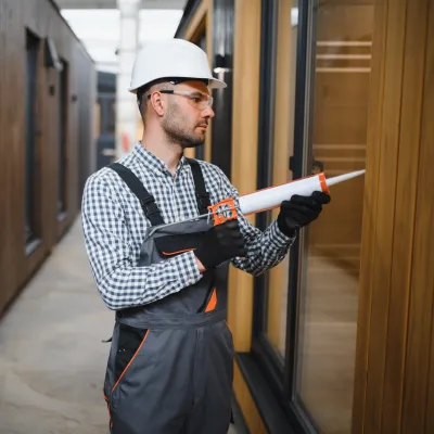 Building inspector in hard hat and overalls checking a hallway with clipboard.