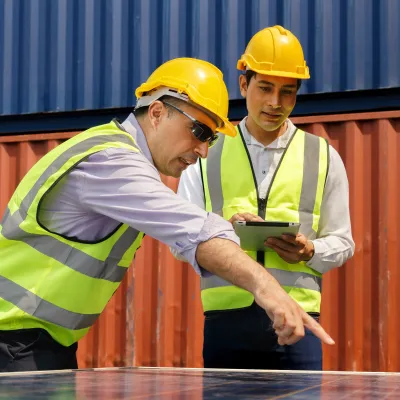 Two construction workers in hard hats and safety vests reviewing documents by shipping containers.