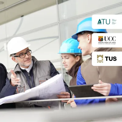 Construction professionals in hard hats reviewing blueprints, with university logos overlaid.