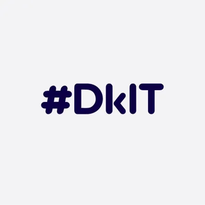 Dark blue hashtag logo "#DkIT" on light gray background.