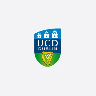 UCD Dublin logo with blue shield and gold harp emblem