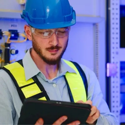 Construction worker in blue hard hat and safety vest using a tablet on site.