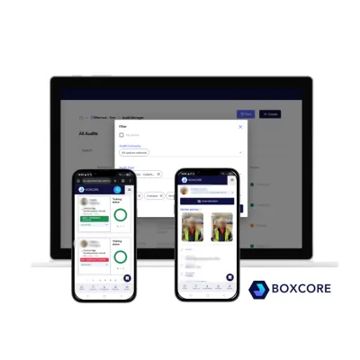 Laptop and two smartphones displaying Advacore software interface