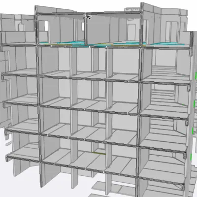 3D architectural rendering of a multi-story building with exposed structural elements and grid framework.