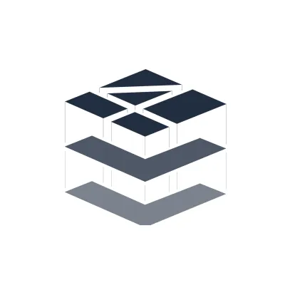 Logo of stacked geometric layers forming a 3D cube-like structure in navy and gray tones.