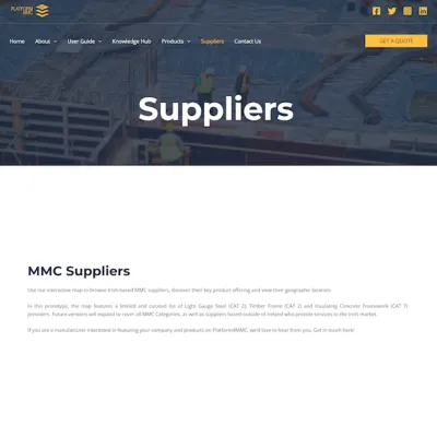 Website page showing "Suppliers" heading over blurred background of vehicle grille.
