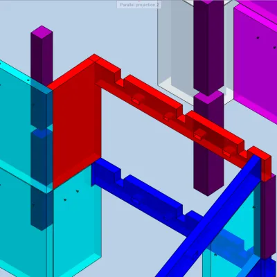Colorful 3D geometric design with interconnected red, blue, and purple pipes against a light background.