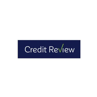 Dark blue rectangular logo with "Credit Review" text in white