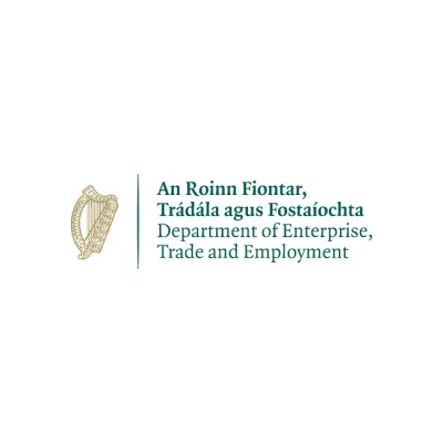 Logo of the Department of Enterprise, Trade and Employment with Irish harp symbol.