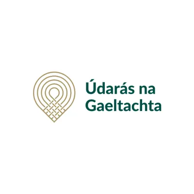 Gold teardrop-shaped logo with concentric lines next to "Údarás na Gaeltachta" text in green.
