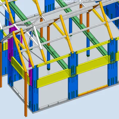 3D model of a building frame with colorful structural elements in blue, yellow, and red.