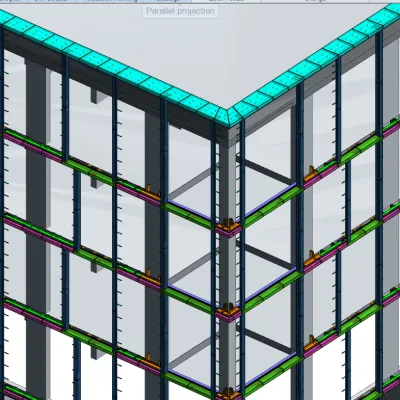 Corner of a glass building with turquoise-colored edge detail and grid-like facade.