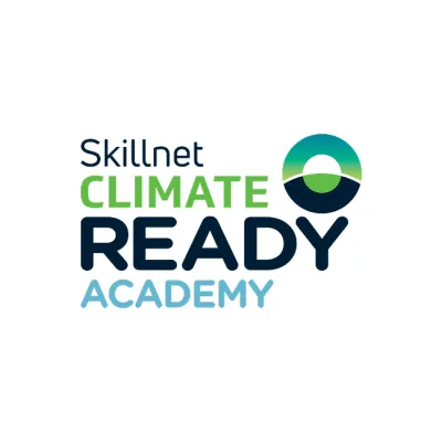 Logo of Skillnet Climate Ready Academy with teal and green circular design element.