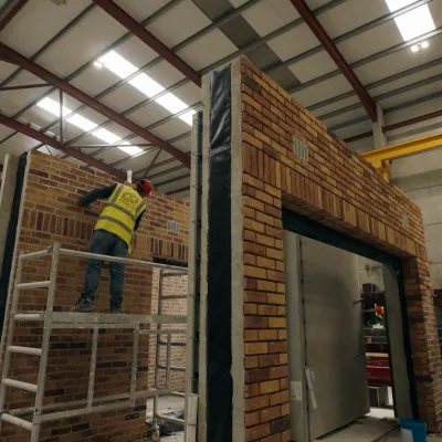 Worker in yellow vest on ladder assembling a large modular panel structure inside an industrial warehouse.