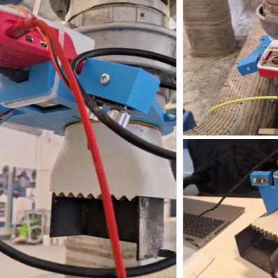 Blue industrial hydraulic torque wrench tool in use on heavy machinery, multiple angles shown.
