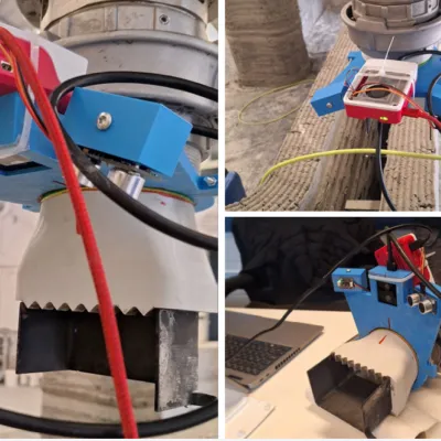 Industrial robotic gripper mechanism with blue components and wiring, shown from multiple angles.