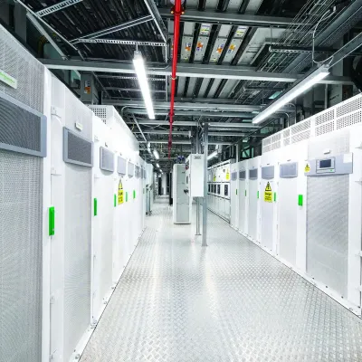 Long corridor of a modern data center with white server racks and green indicators.