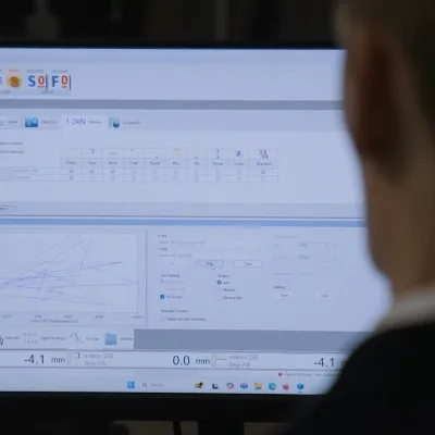 Person viewed from behind looking at a computer monitor displaying a data dashboard with charts and forms.
