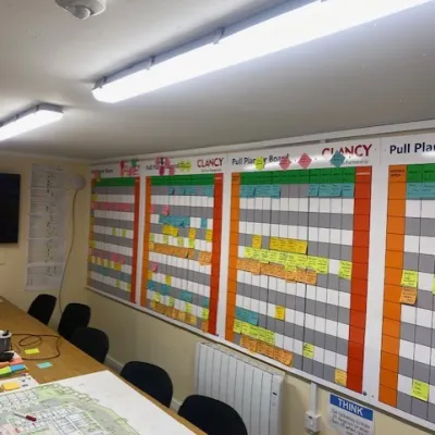 Large colorful planning board with colored columns on a white wall in a meeting room.