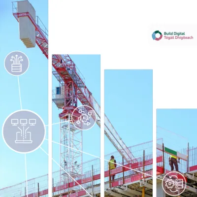 Construction workers on scaffolding beside a tall red crane at a building site.