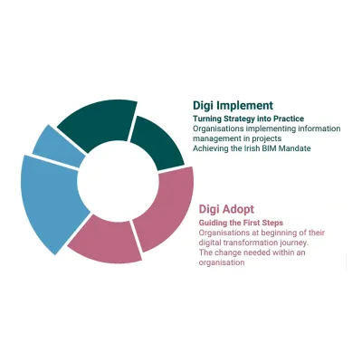 Circular diagram showing "Digi Implement" and "Digi Adopt" program segments in teal, gray, and pink.