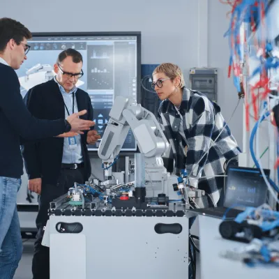 Group of people working with a robert at the lab