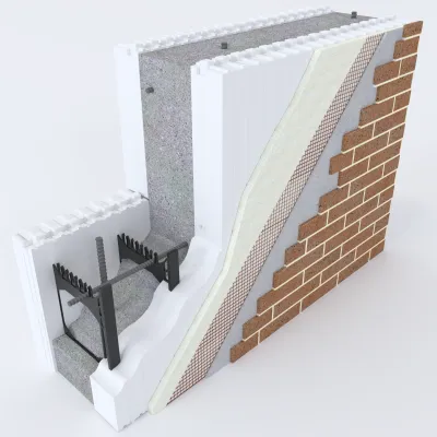 3D cross-section diagram of an exterior wall system with brick cladding and insulation layers.