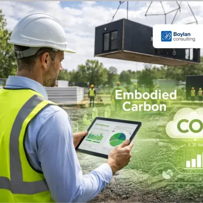 Construction worker in safety vest holding tablet, with "Embodied Carbon" text overlay and building being lifted by crane.