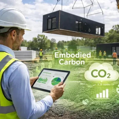 Construction worker in safety vest using tablet at building site, with "Embodied Carbon CO2" graphic overlay.