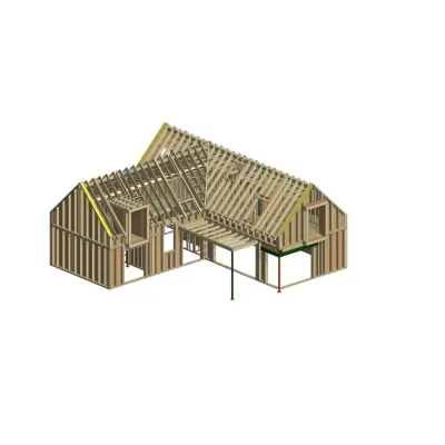 3D graphic of a wooden house frame structure with exposed timber framing and roof trusses.